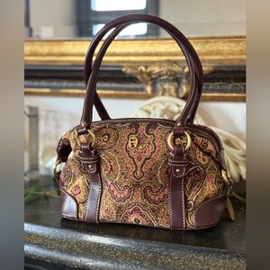 Etienne Aigner Brown and Gold Mini Bag with Paisley Design Tapestry Purse